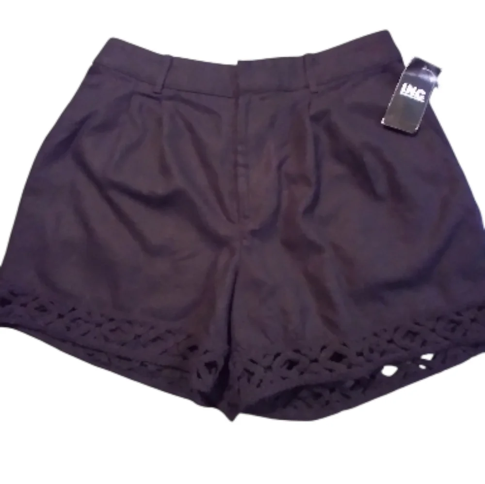 NWT INC Women's Black Shorts Embroidered Hem Pockets Formal Minimalist Event